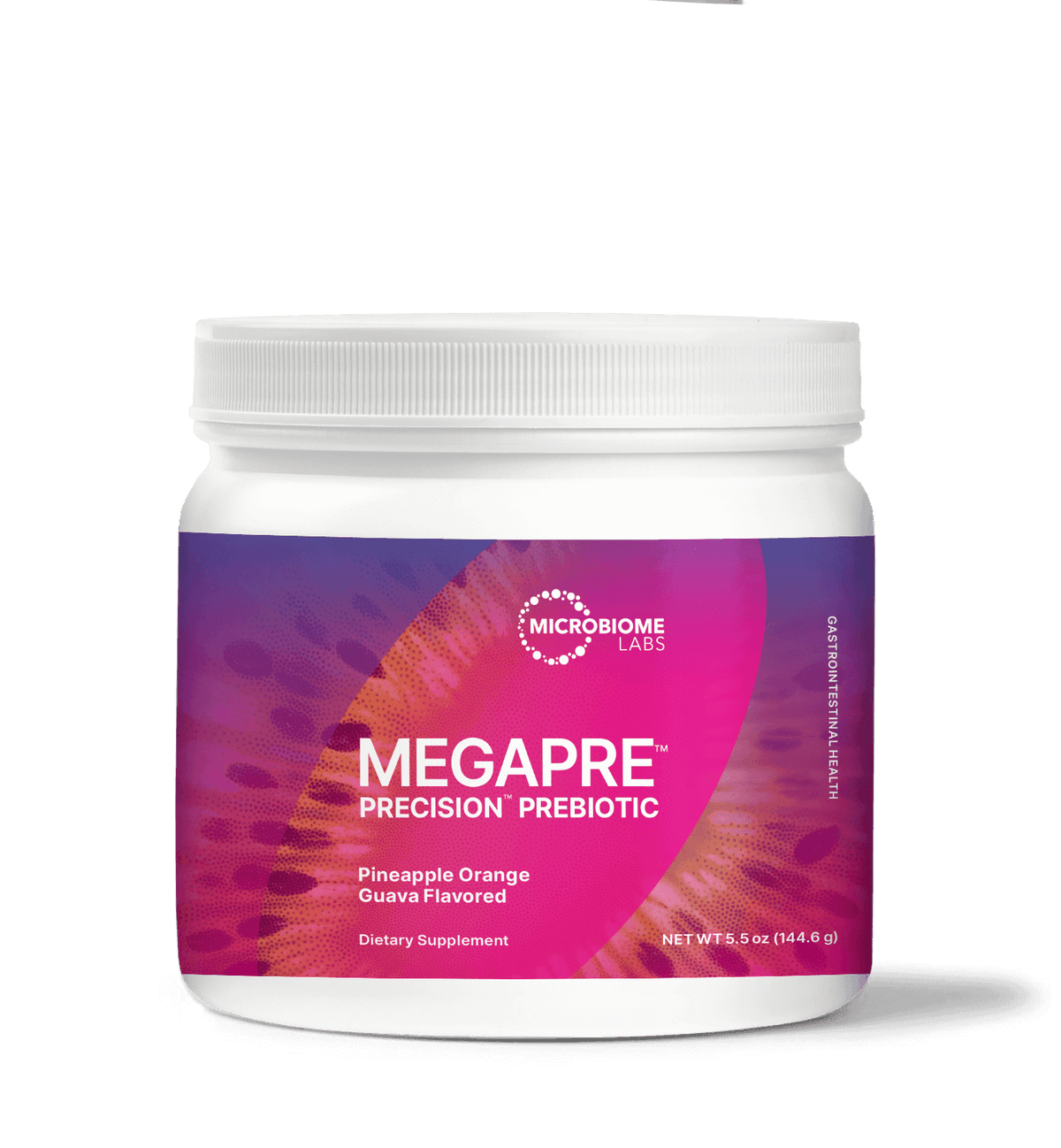 Microbiome Labs MegaPre Precision Prebiotic powder, pineapple orange guava flavor, dietary supplement container.