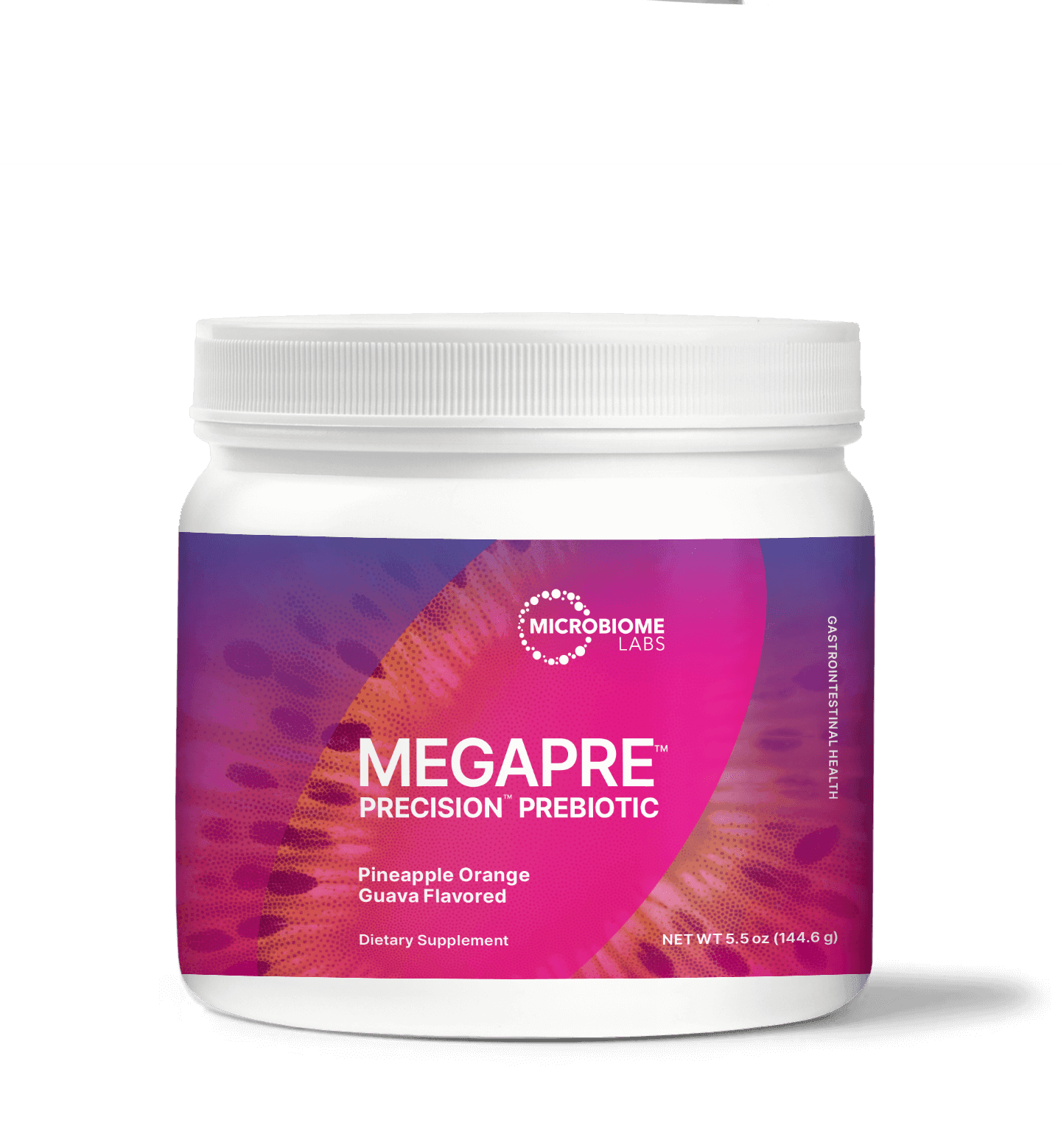 Microbiome Labs MegaPre Precision Prebiotic powder, pineapple orange guava flavor, dietary supplement container.