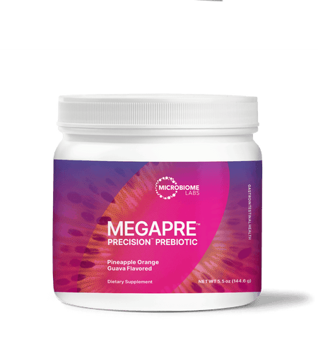Microbiome Labs MegaPre Precision Prebiotic powder, pineapple orange guava flavor, dietary supplement container.