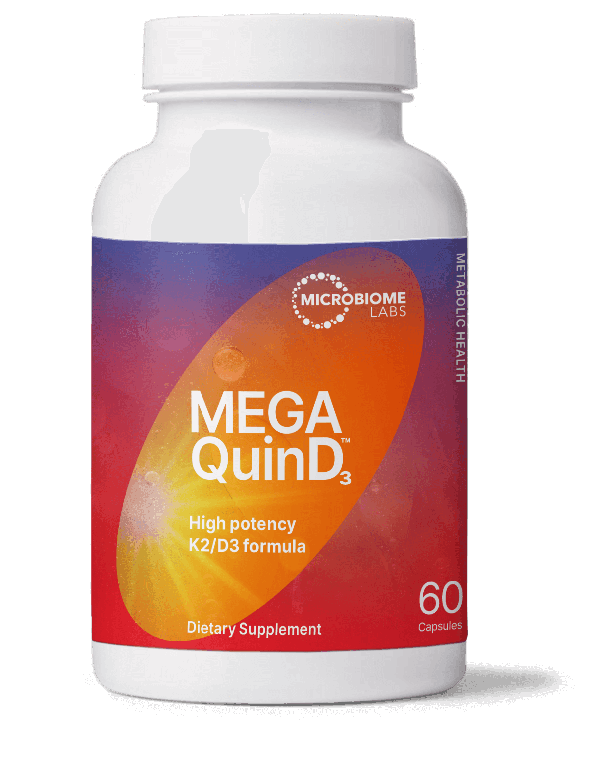 MegaQuinD3 supplement bottle, K2 D3 high potency formula, 60 capsules, dietary supplement