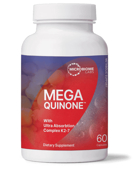 MegaQuinone dietary supplement bottle with 60 capsules, K2-7 ultra absorption complex