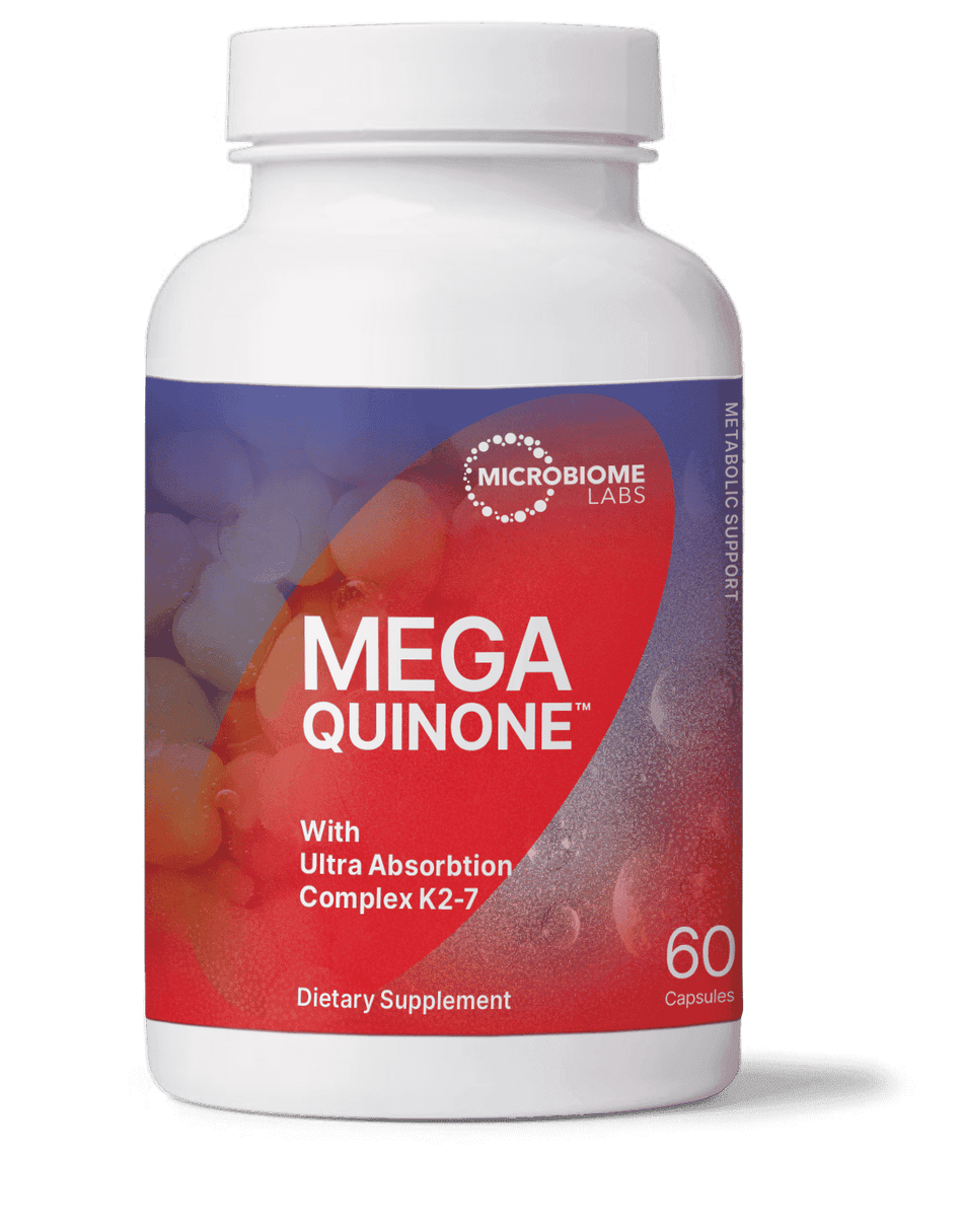 MegaQuinone dietary supplement bottle with 60 capsules, K2-7 ultra absorption complex