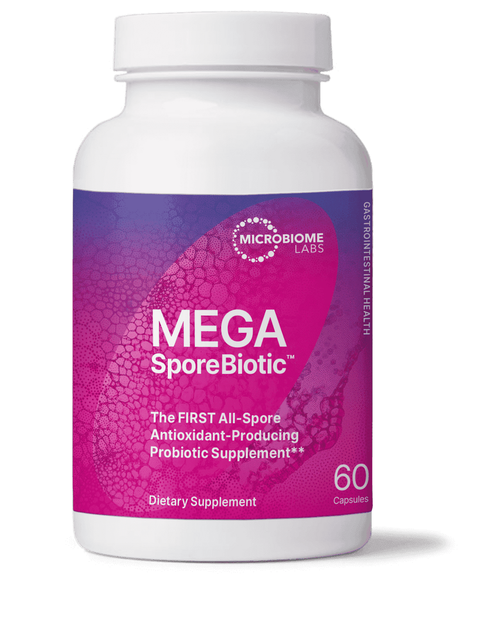 MegaSporeBiotic probiotic supplement bottle with purple label, 60 capsules