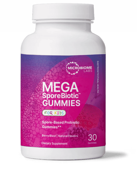 Mega SporeBiotic Gummies for kids bottle, berry blast flavor, probiotic dietary supplement, 30 count