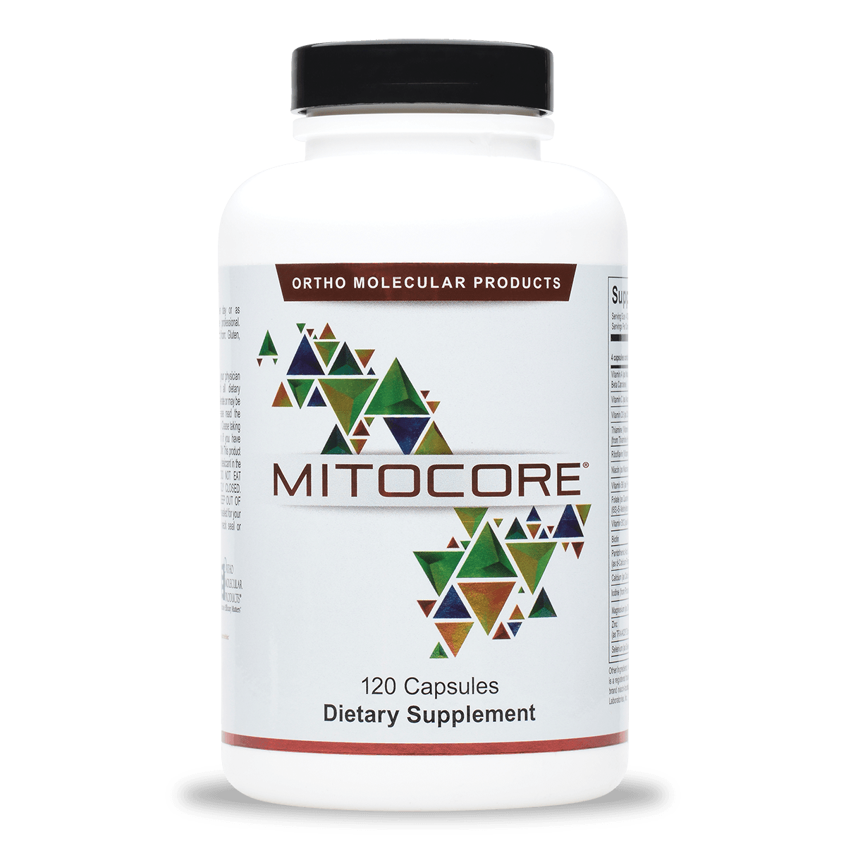 MitoCORE dietary supplement bottle with colorful geometric label, 120 capsules