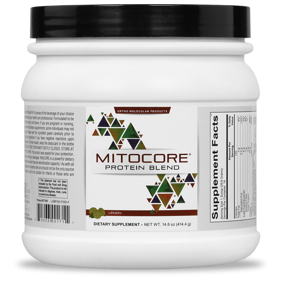 MitoCORE Protein Blend Lemon dietary supplement powder container with supplement facts label