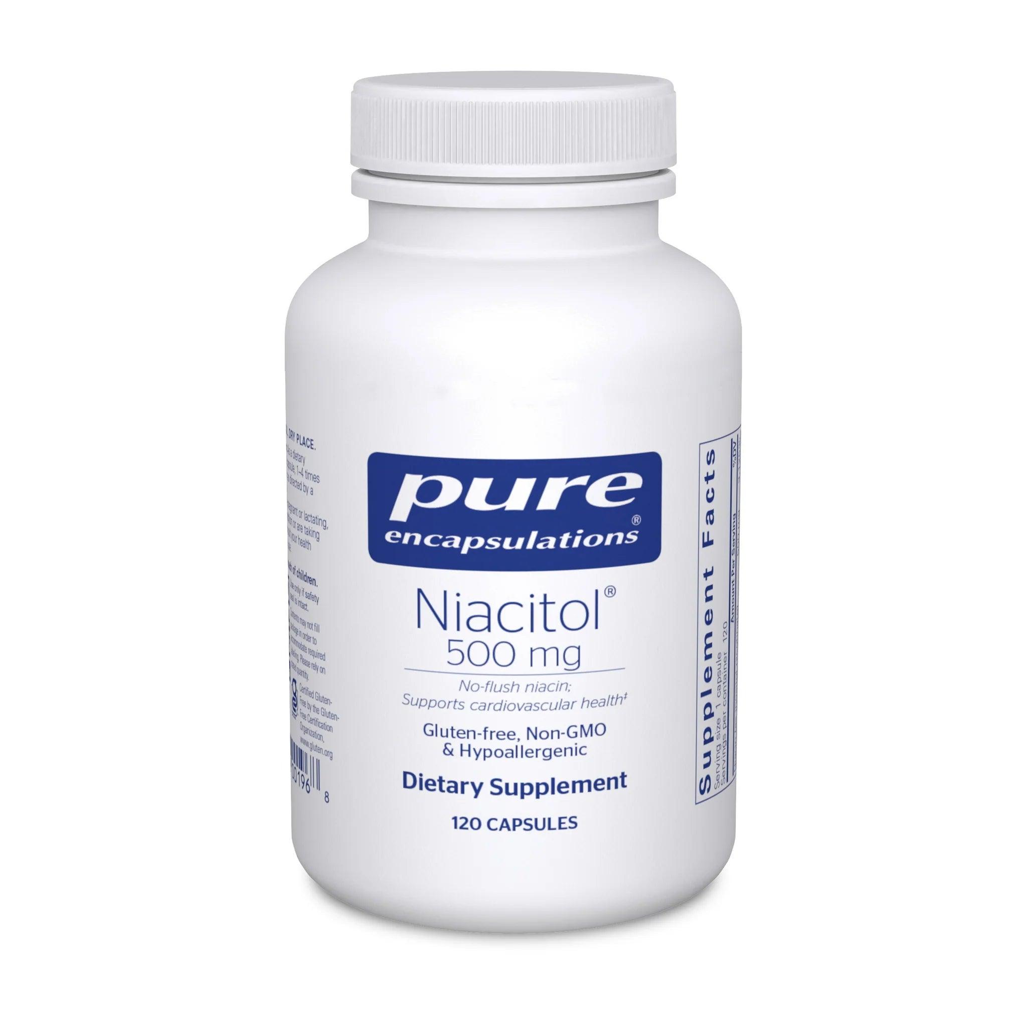 Pure Encapsulations Niacitol 500 mg dietary supplement bottle, 120 capsules