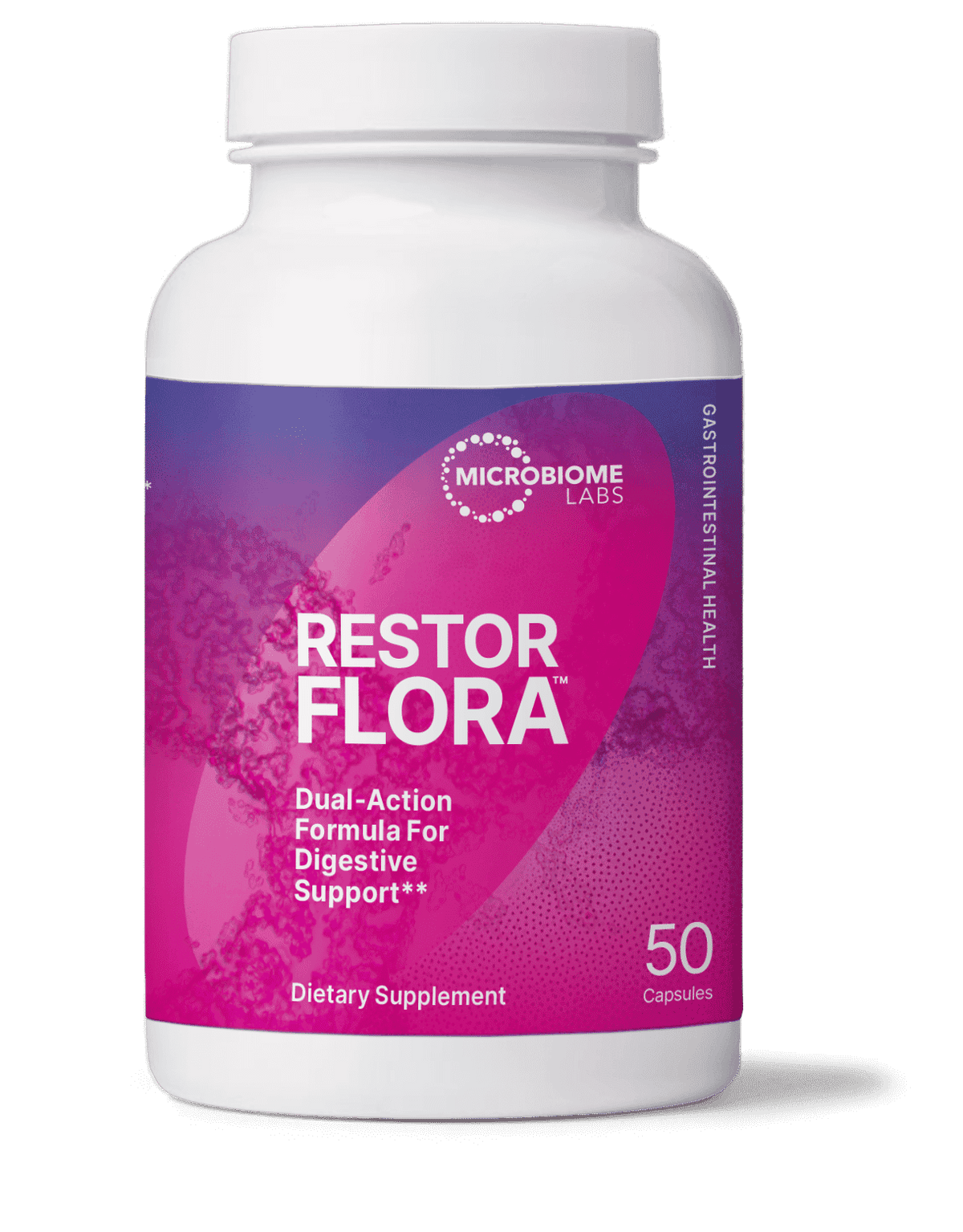 Restor Flora dietary supplement bottle for digestive and gastrointestinal health, 50 capsules