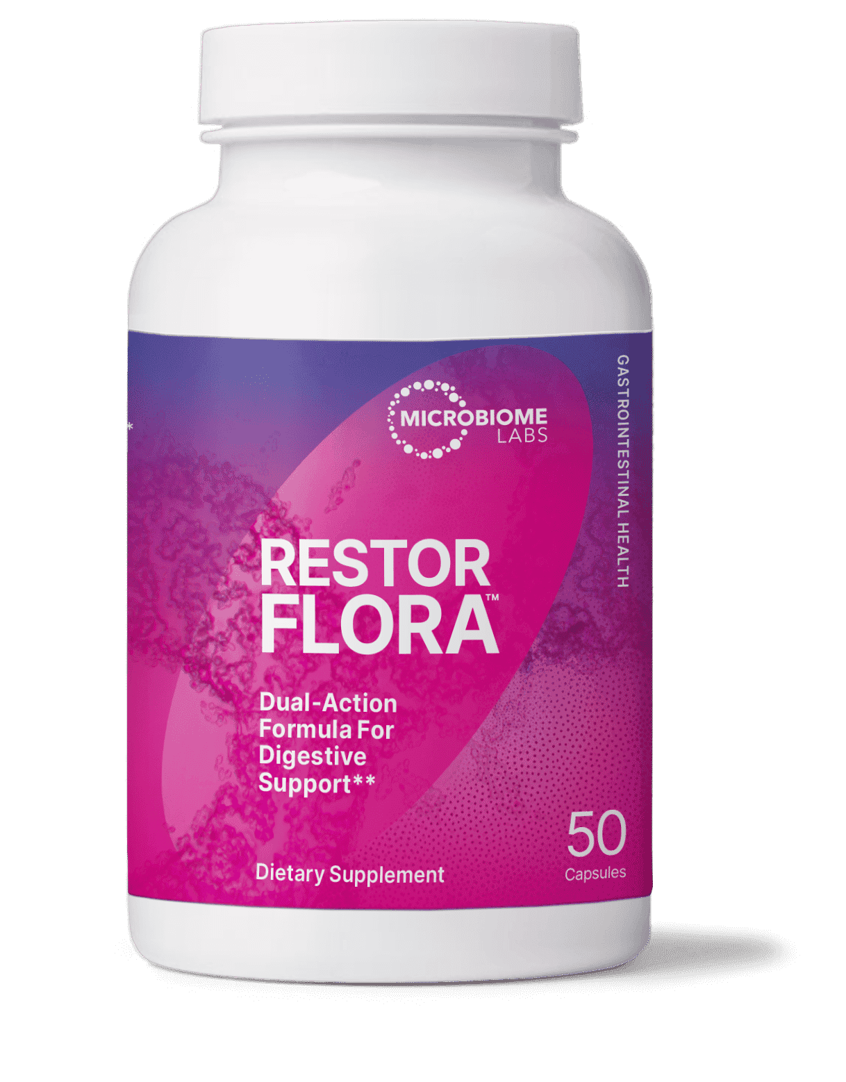 Restor Flora dietary supplement bottle for digestive and gastrointestinal health, 50 capsules