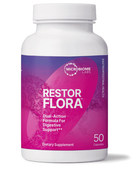 Restor Flora dietary supplement bottle for digestive and gastrointestinal health, 50 capsules