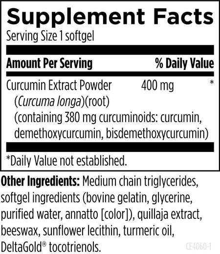 Supplement Facts label for curcumin extract softgel with other ingredients listed.