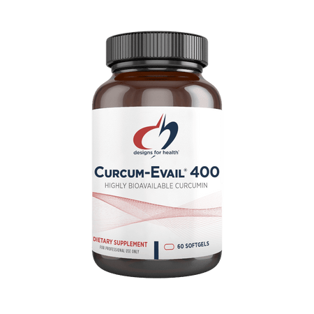 Curcum-Evail 400 dietary supplement bottle with 60 softgels, highly bioavailable curcumin