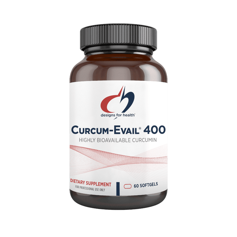 Curcum-Evail 400 dietary supplement bottle with 60 softgels, highly bioavailable curcumin