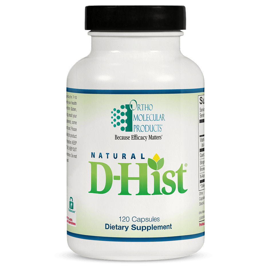Natural D-Hist 120 capsules dietary supplement bottle for immune and respiratory support