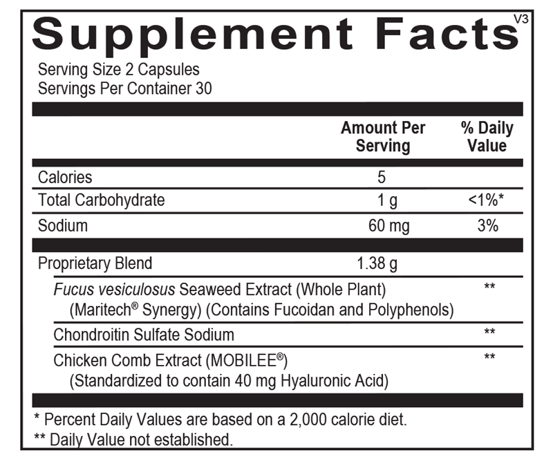 Supplement Facts label listing serving size, proprietary blend, seaweed extract, chondroitin, sodium.