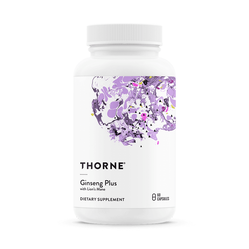 Thorne Ginseng Plus with Lion’s Mane supplement bottle, 60 capsules, white label, purple abstract design