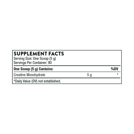 Supplement facts label for creatine monohydrate, 5g per scoop, 90 servings