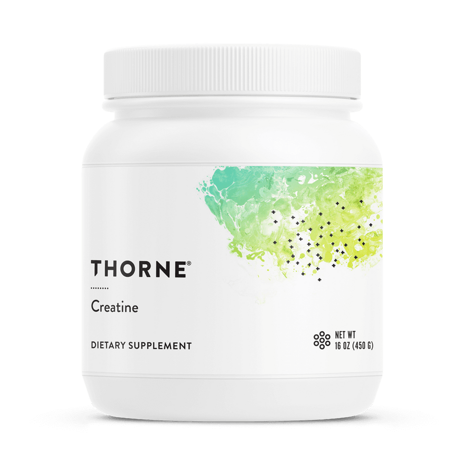 Thorne Creatine dietary supplement container, 16oz, white with green abstract design