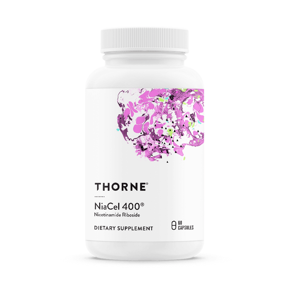Thorne NiaCel 400 nicotinamide riboside dietary supplement bottle, 60 capsules