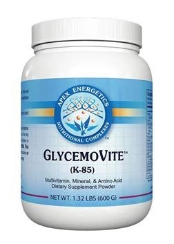 GlycemoVite K-85 supplement powder jar with white lid and blue label, 1.32 lbs size