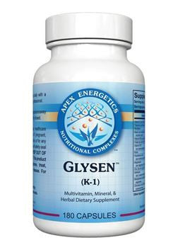 White bottle of Glysen K-1 multivitamin, mineral, and herbal dietary supplement 180 capsules