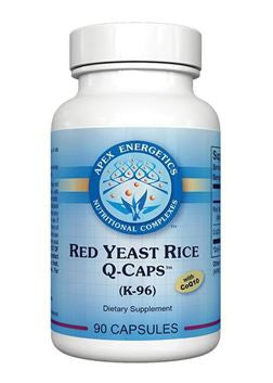 Red Yeast Rice Q-Caps supplement bottle with blue and white label, 90 capsules