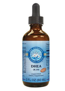 Liquid DHEA dietary supplement in amber dropper bottle with blue label, 2 fl oz size