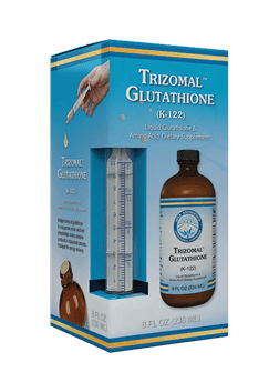 Trizomal Glutathione dietary supplement box with brown bottle and dosage syringe visible
