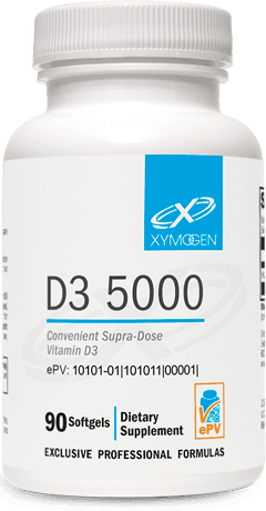 White bottle of D3 5000 vitamin D3 supplement, 90 softgels, dietary supplement label visible