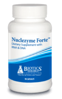 Nucleozyme Forte dietary supplement bottle with RNA and DNA, 100 capsules, white and blue label