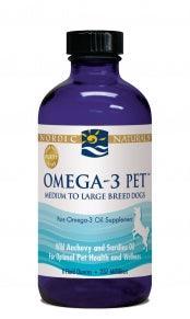 Omega-3 Pet supplement bottle for medium to large breed dogs, wild anchovy and sardine oil.