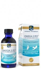 Nordic Naturals Omega-3 Pet supplement for dogs, bottle and box with blue accents