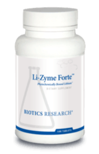 Li-Zyme Forte dietary supplement bottle by Biotics Research with white label and blue text.