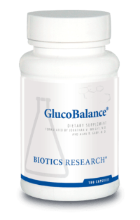 GlucoBalance dietary supplement bottle, Biotics Research label, 100 capsules