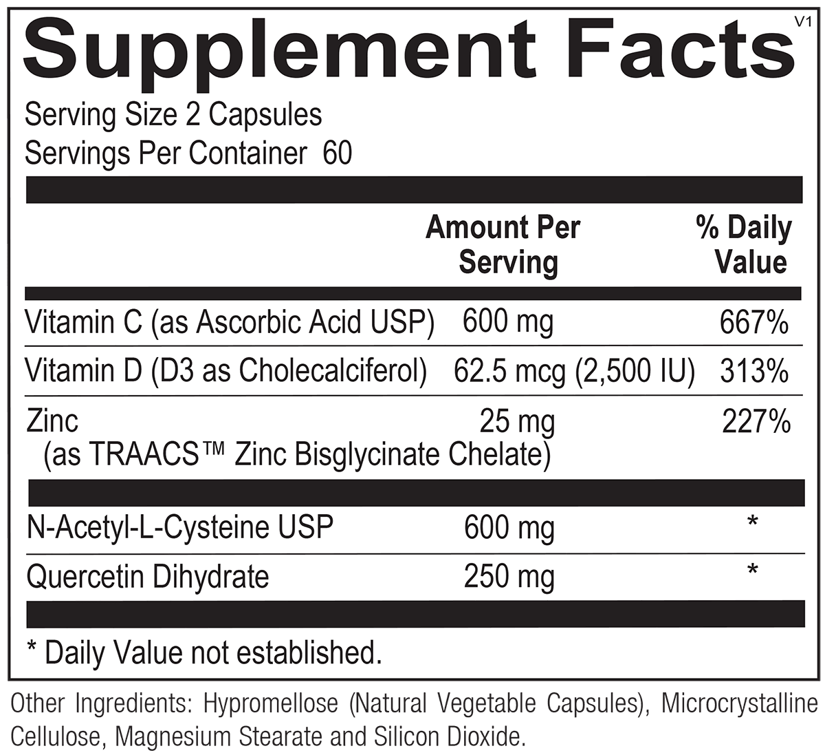 Supplement facts label showing ingredients: Vitamin C, Vitamin D3, Zinc, NAC, Quercetin, capsules.