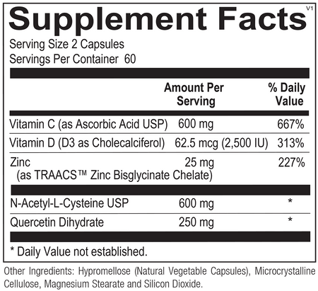 Supplement facts label showing ingredients: Vitamin C, Vitamin D3, Zinc, NAC, Quercetin, capsules.