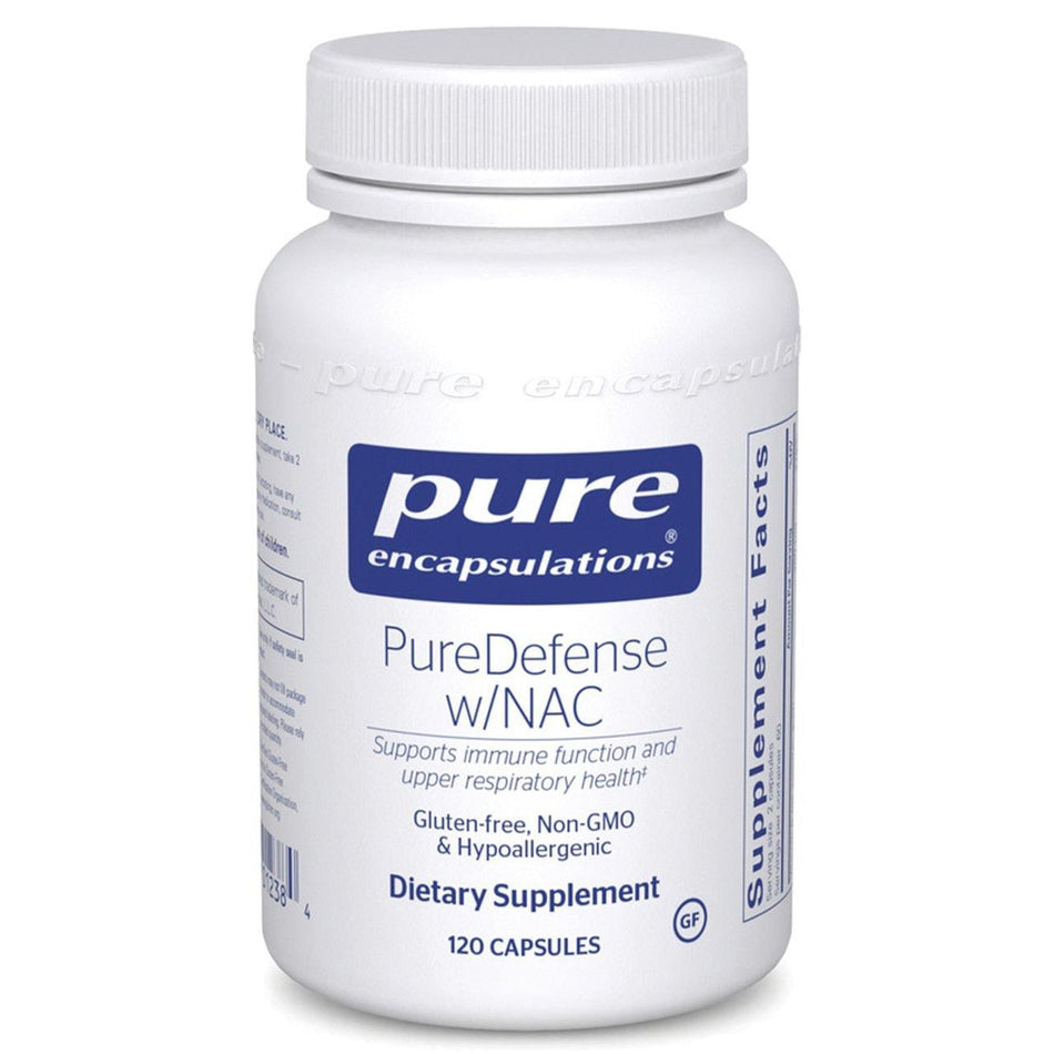 Pure Encapsulations PureDefense w/NAC dietary supplement bottle with 120 capsules, gluten-free and hypoallergenic