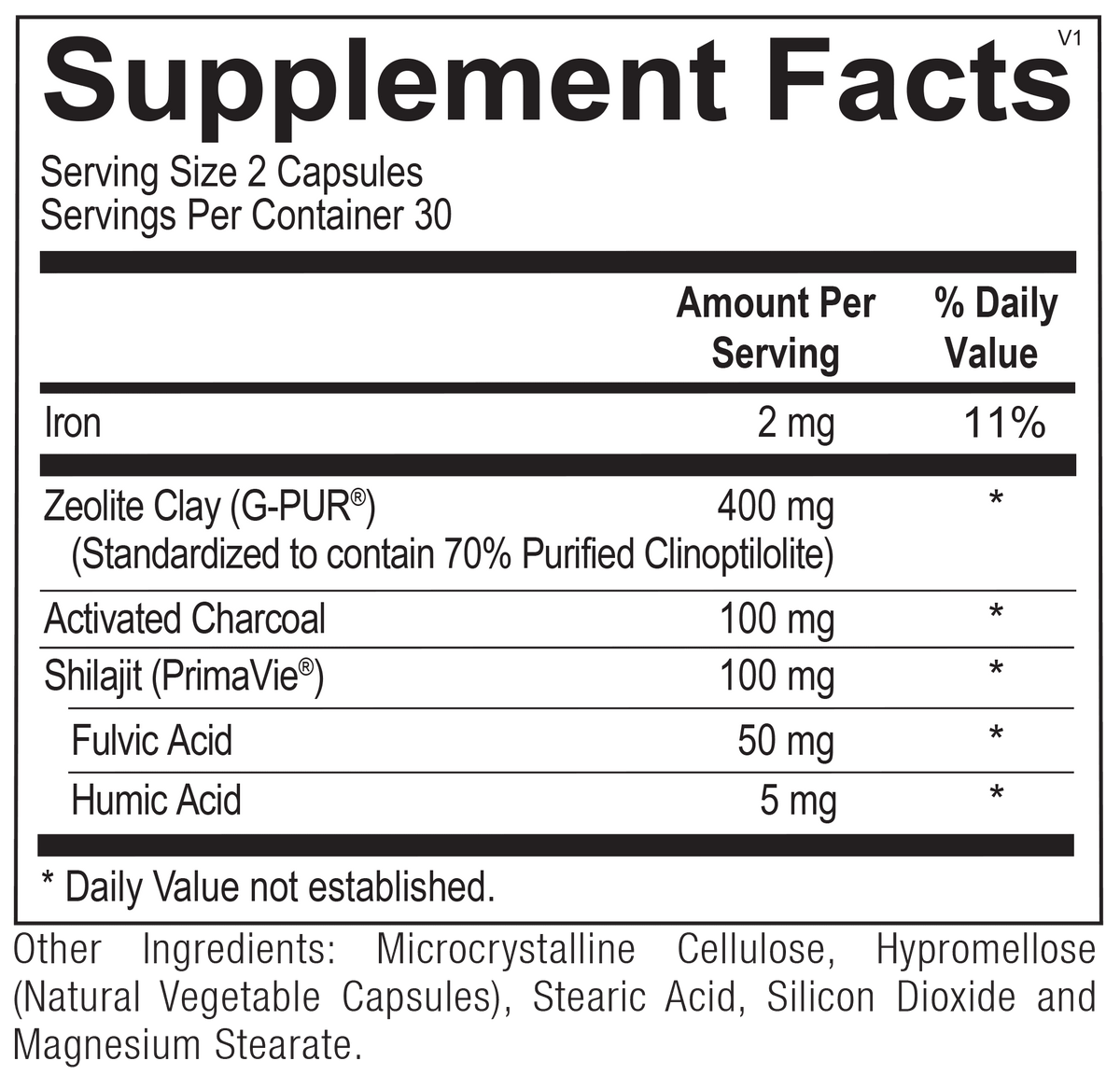 Supplement facts label for capsules with iron, zeolite clay, activated charcoal, shilajit.