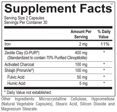 Supplement facts label for capsules with iron, zeolite clay, activated charcoal, shilajit.