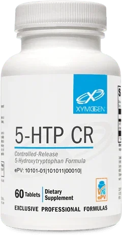 XYMOGEN 5-HTP CR dietary supplement bottle with 60 tablets, controlled-release formula