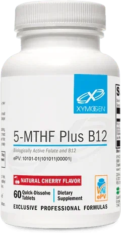 Bottle of XYMOGEN 5-MTHF Plus B12 dietary supplement, cherry flavor, 60 quick-dissolve tablets