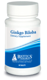 Ginkgo Biloba dietary supplement bottle with blue and white label, 40 tablets