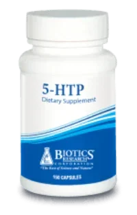 5-HTP dietary supplement bottle with blue label, 150 capsules, Biotics Research