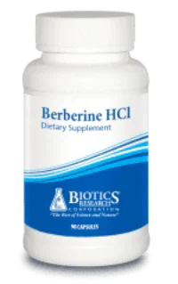 Berberine HCl dietary supplement bottle with white and blue label, 90 capsules