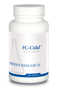 FC-Cidal Biotics Research dietary supplement bottle, 120 capsules, white label