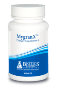 MygranX dietary supplement bottle with blue label, 60 tablets, Biotics Research