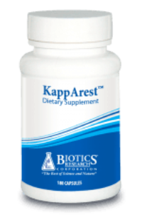 KappArest dietary supplement bottle with blue label, 180 capsules, Biotics Research
