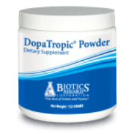 DopaTropic Powder dietary supplement container with blue and white label on white background