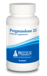 Pregnenolone 25 dietary supplement bottle with blue label and white cap