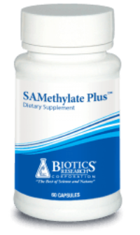 Bottle of SAMethylate Plus dietary supplement capsules by Biotics Research, white label with blue accents.